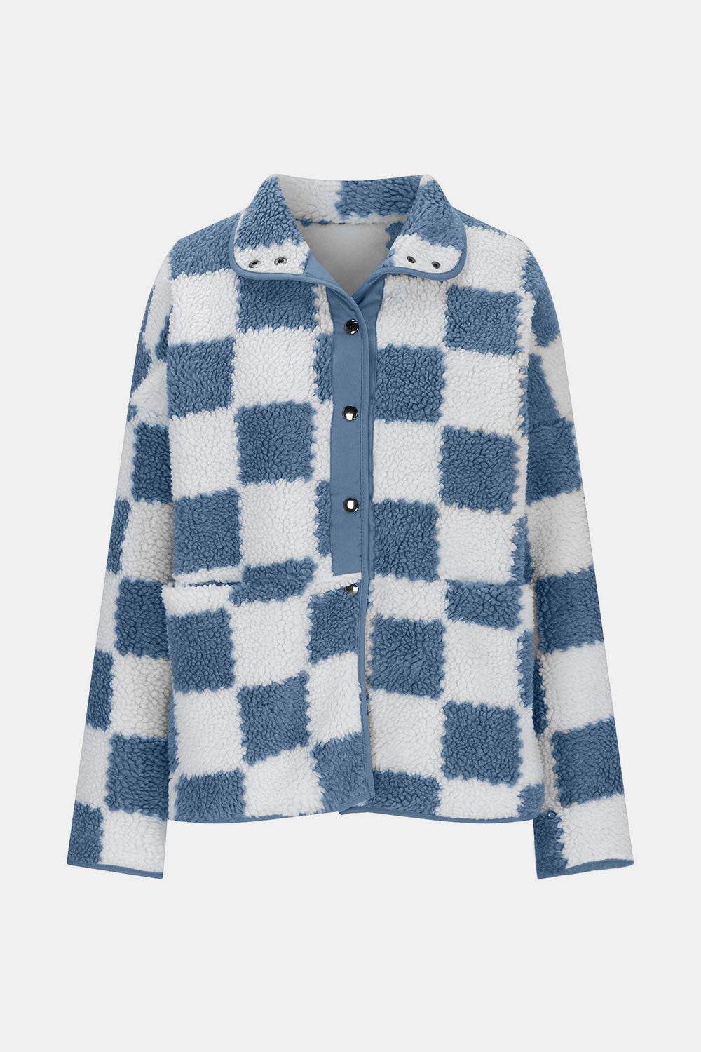 Checkered Snap Down Long Sleeve Teddy Jacket - Delanoir