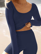 Scoop Neck Long Sleeve Top and Shorts Set - Delanoir