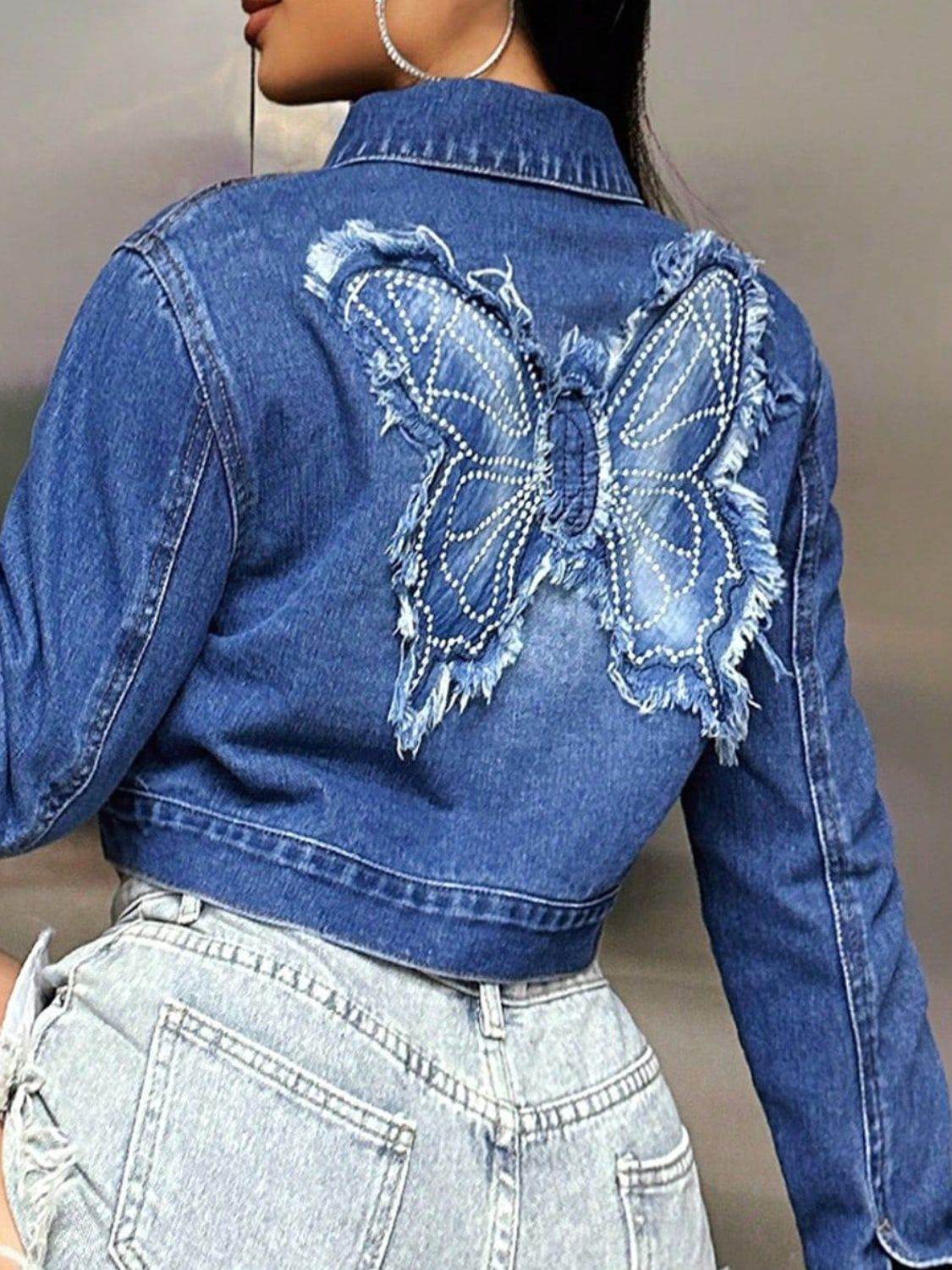 Butterfly Patch Long Sleeve Cropped Denim Top - Delanoir