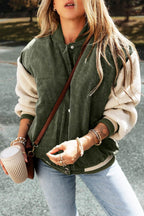 Contrast Baseball Collar Snap Down Long Sleeve Jacket - Delanoir