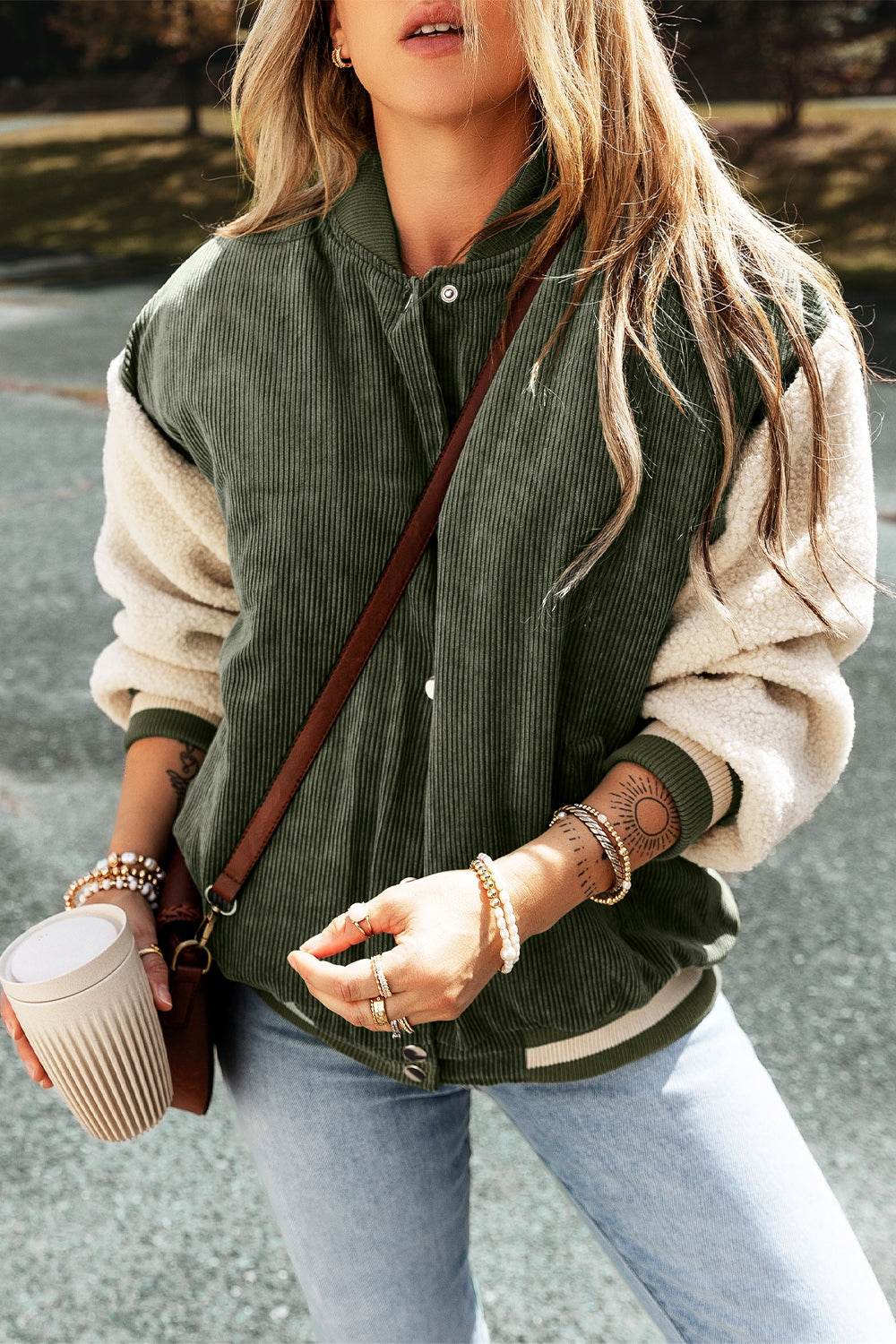 Contrast Baseball Collar Snap Down Long Sleeve Jacket - Delanoir