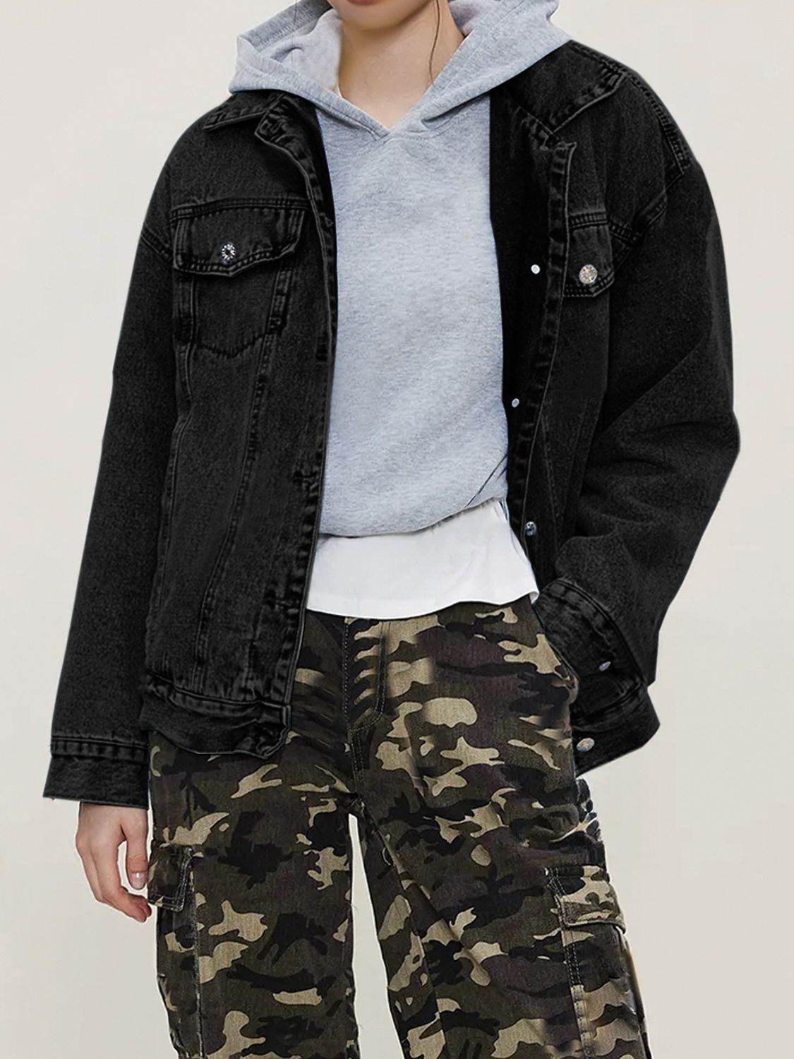 Button Up Collared Neck Long Sleeve Denim Jacket - Delanoir