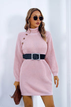 Buttoned Turtleneck Long Sleeve Sweater Dress - Delanoir