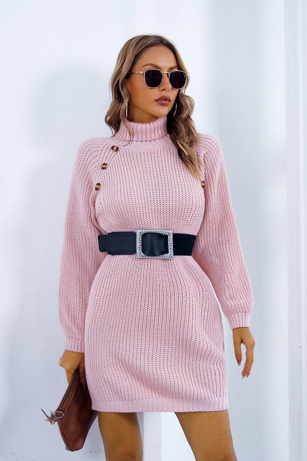 Buttoned Turtleneck Long Sleeve Sweater Dress - Delanoir