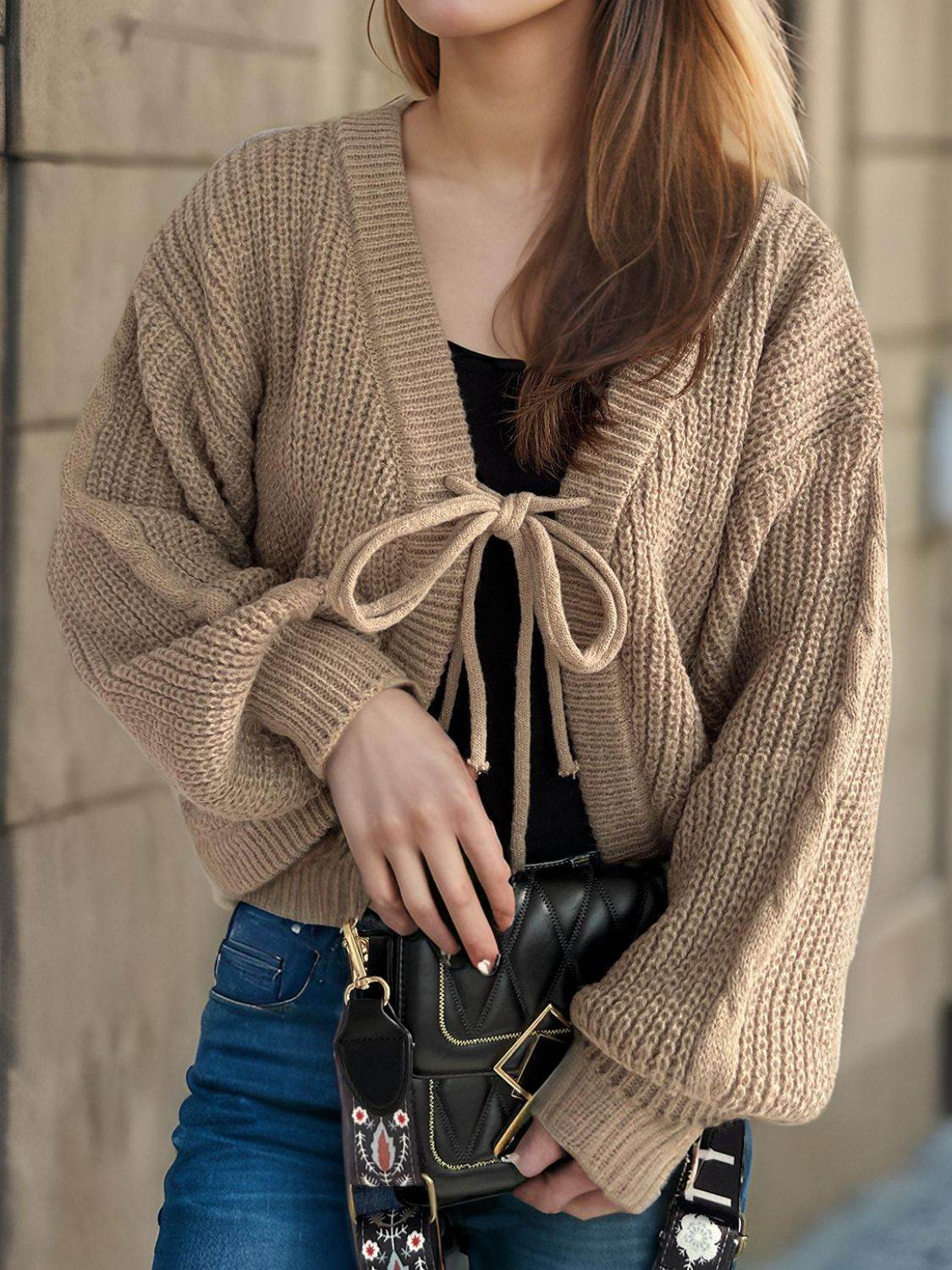 Tied Dropped Shoulder Long Sleeve Cardigan - Delanoir