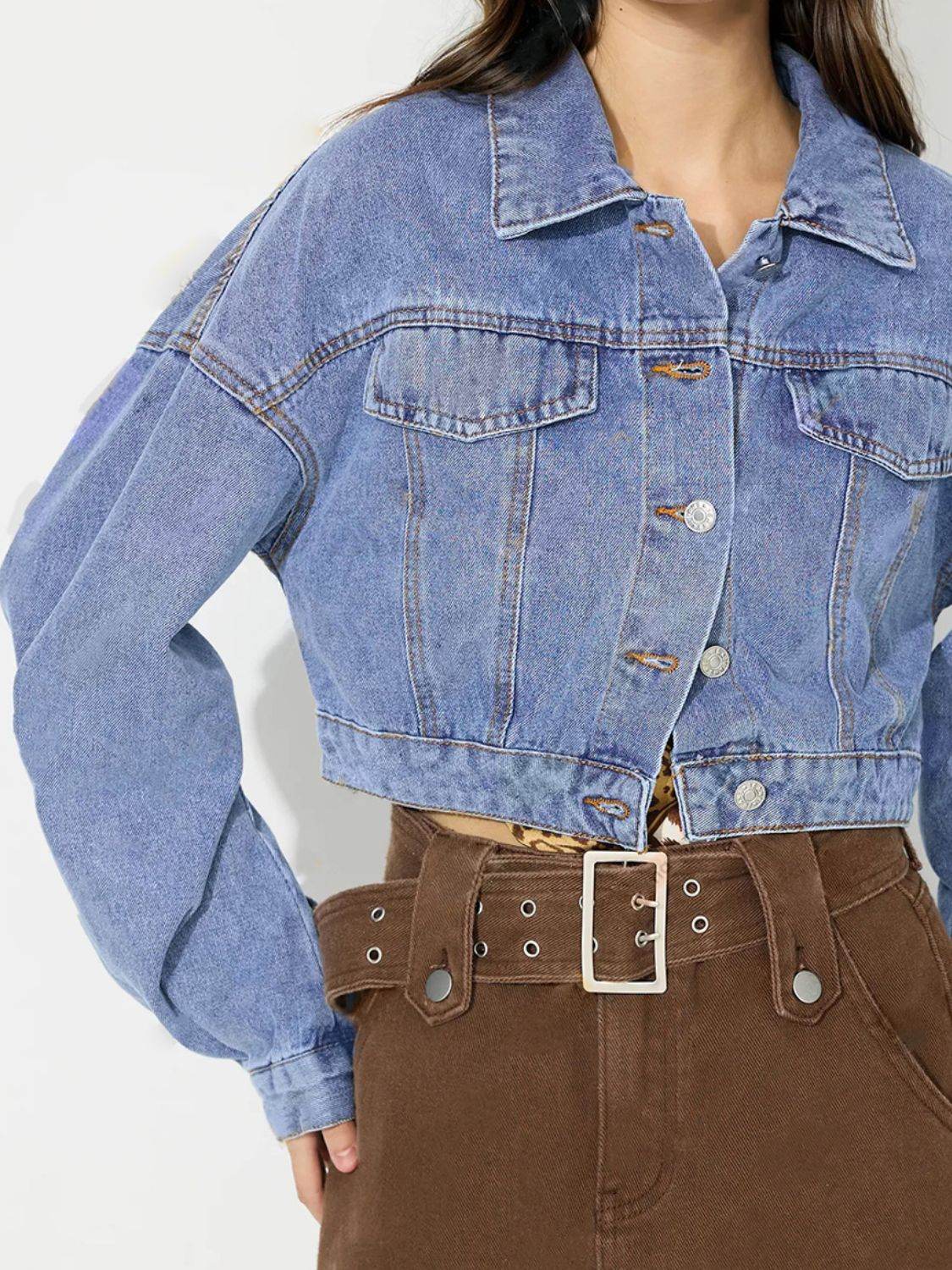 Collared Neck Dropped Shoulder Cropped Denim Top - Delanoir