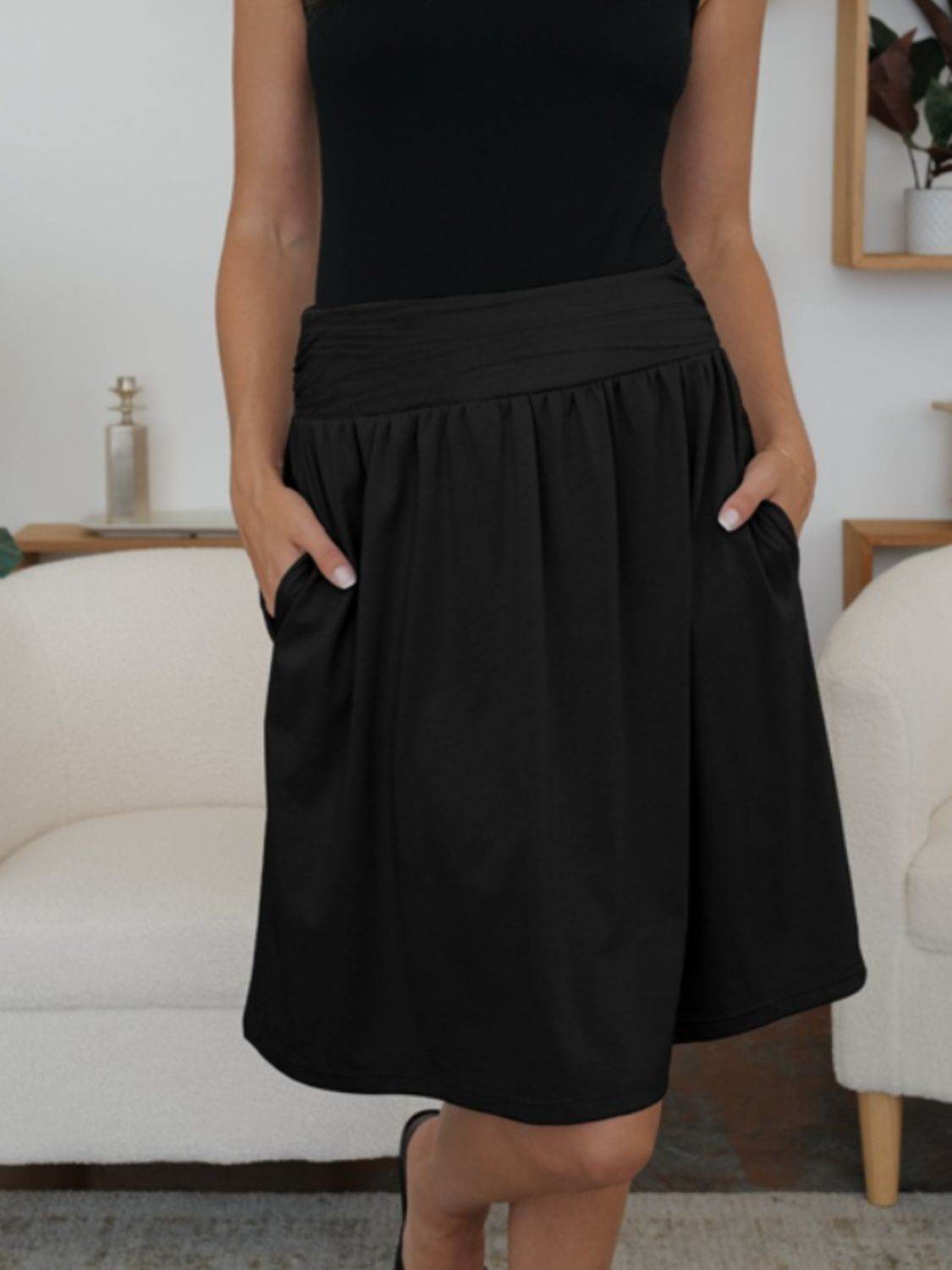 FAM-FAM Elastic Waist Skirt with Pockets - Delanoir