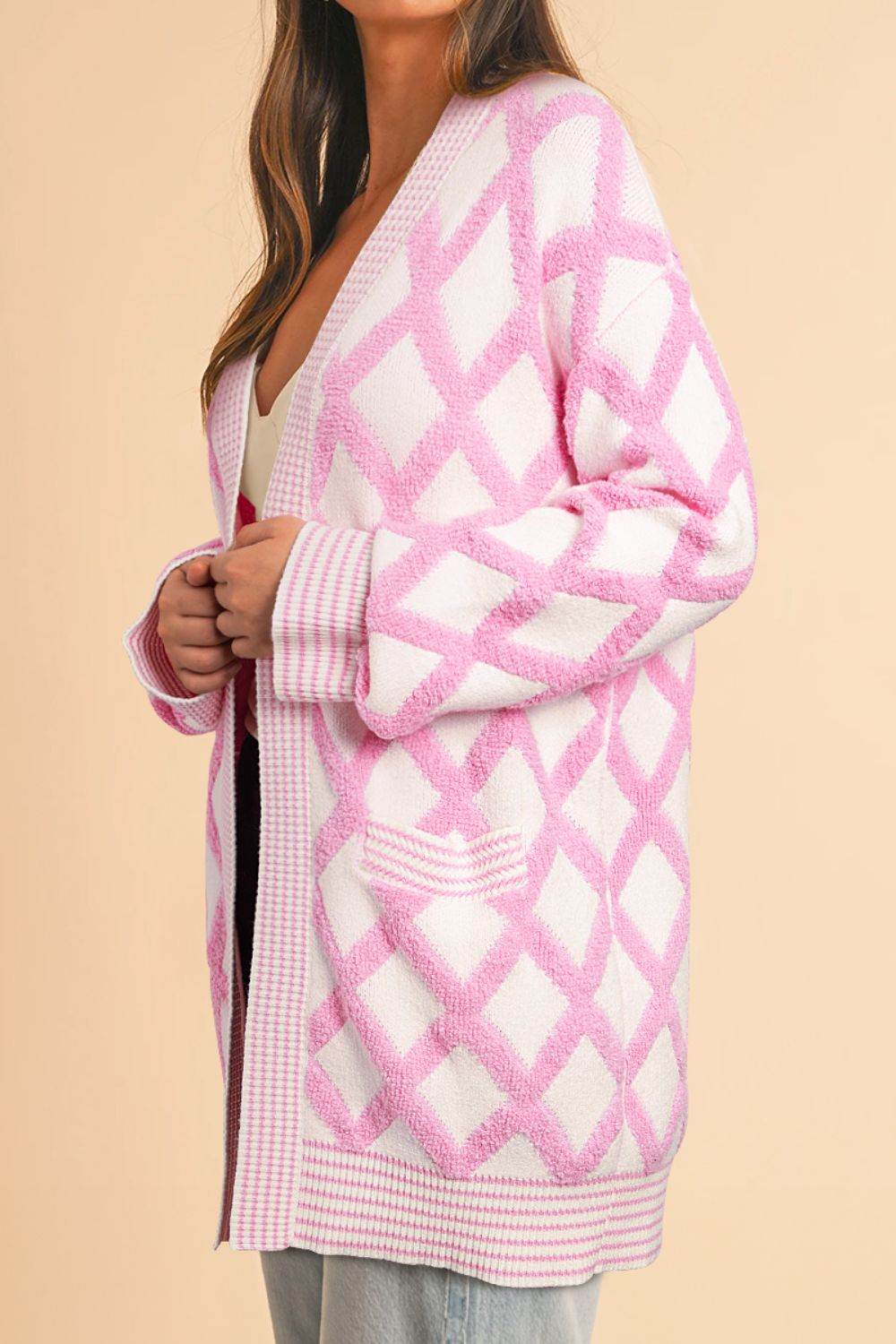 Geometric Open Front Long Sleeve Cardigan - Delanoir