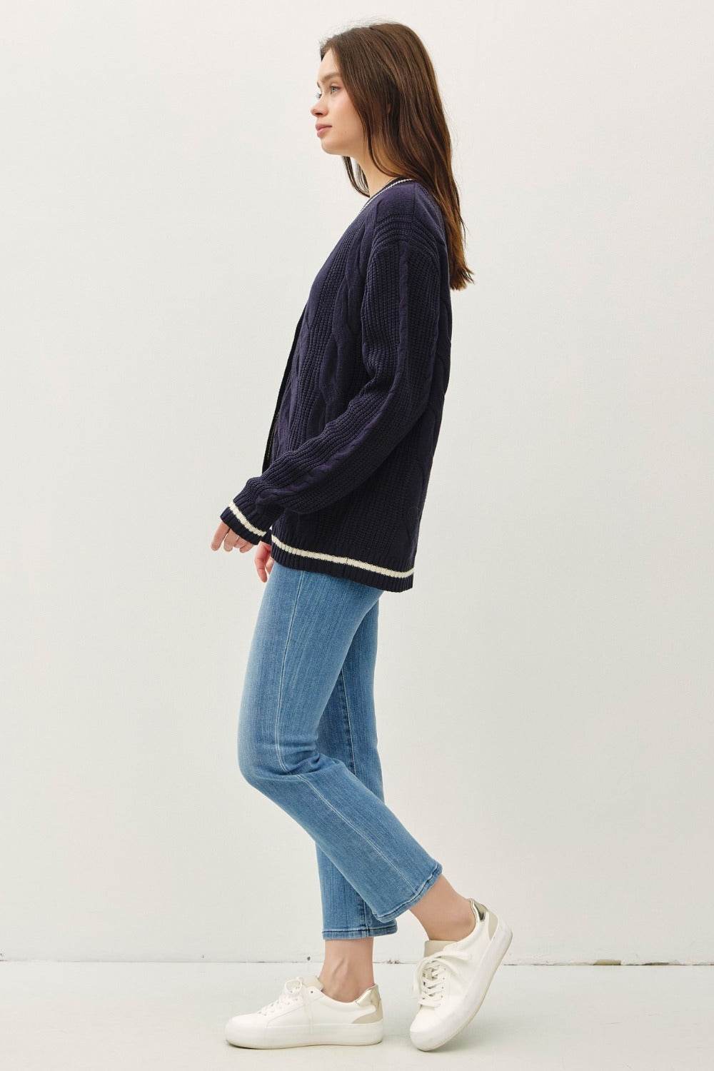 Be Cool Contrast Trim Cable-Knit V-Neck Cardigan - Delanoir