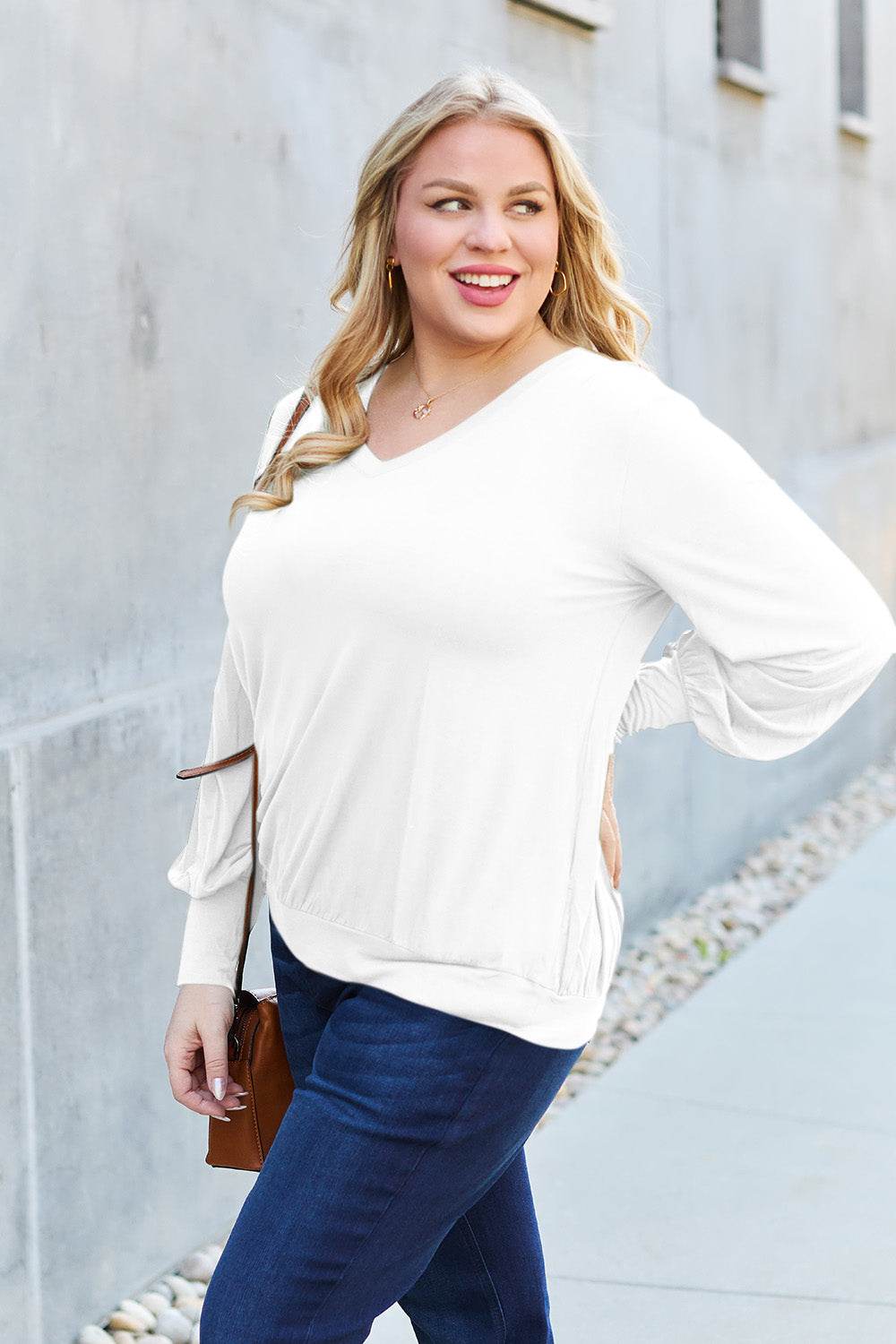 Basic Bae Full Size V-Neck Lantern Sleeve Top - Delanoir