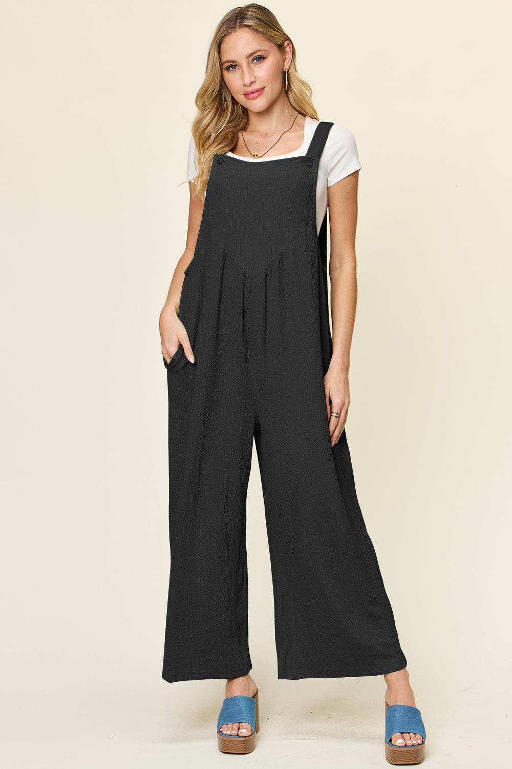 Double Take Full Size Texture Sleeveless Wide Leg Overall - Delanoir