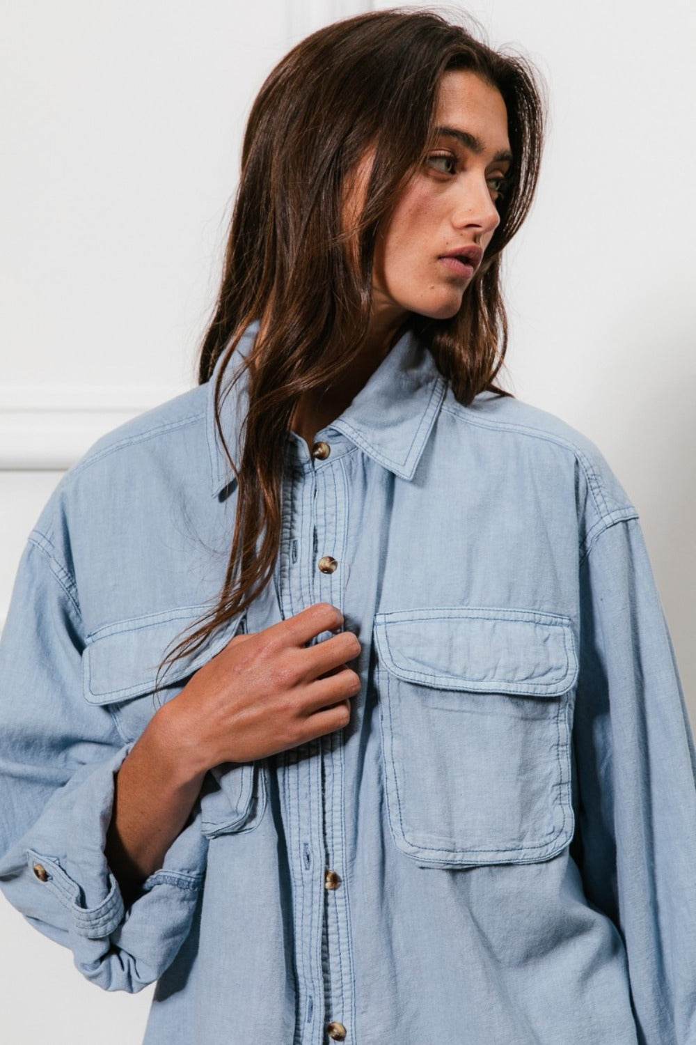 BiBi Button Down Stitch Detail Shirt with Chest Pockets - Delanoir