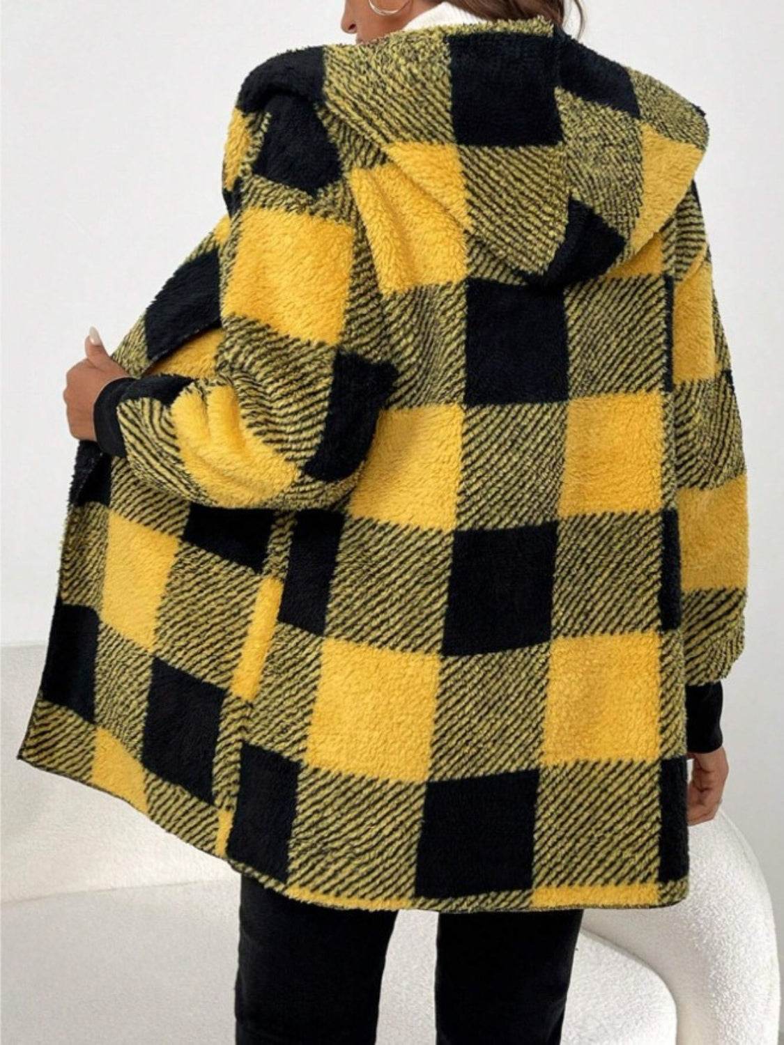 Plaid Long Sleeve Hooded Coat - Delanoir