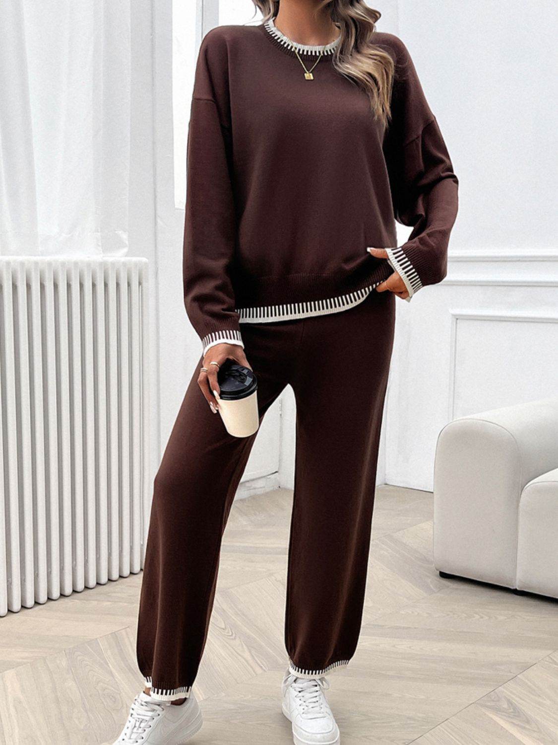 Devine Round Neck Dropped Shoulder Top and Pants Sweater Set - Delanoir
