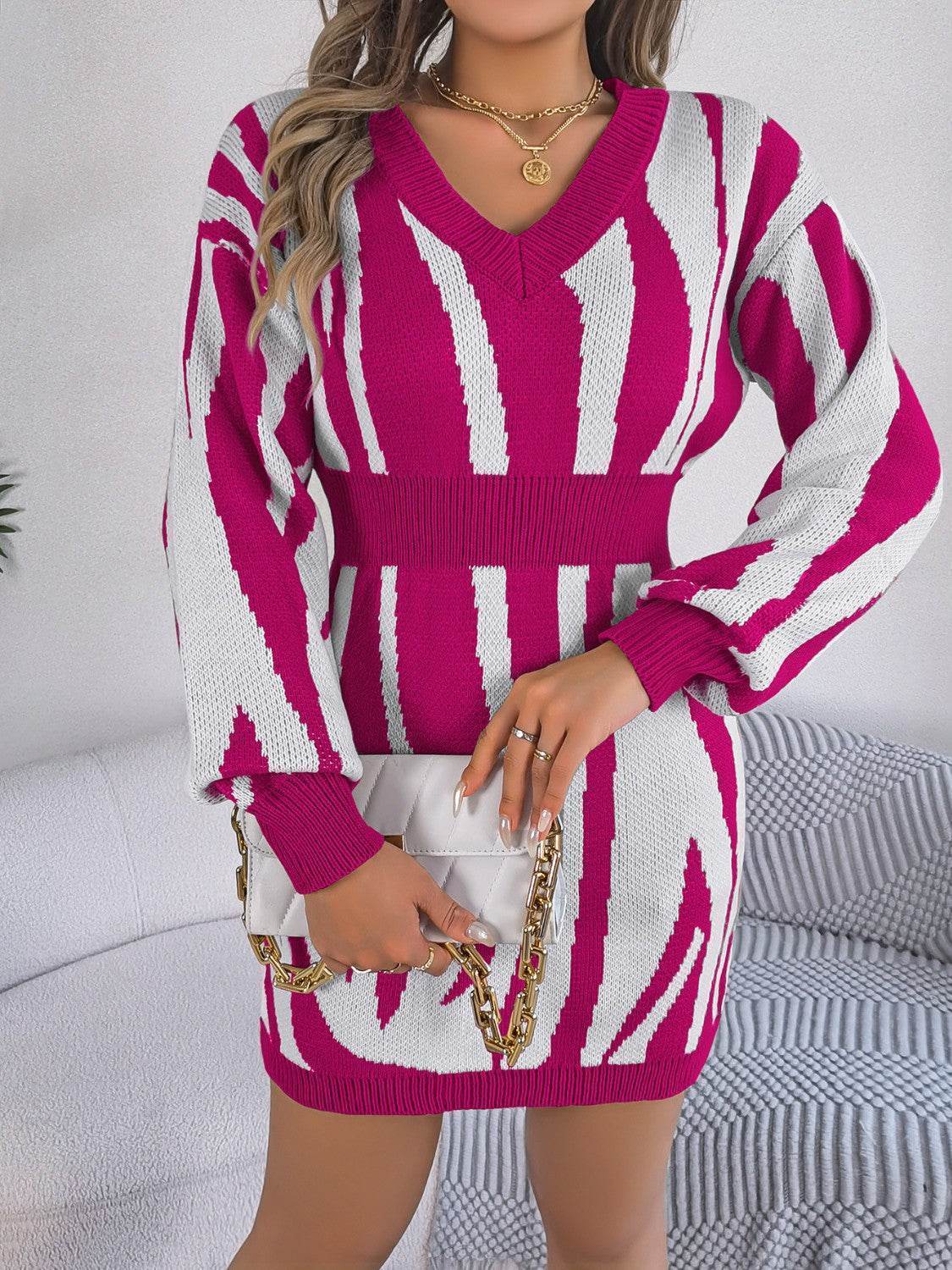 Animal Print V-Neck Long Sleeve Sweater Dress - Delanoir