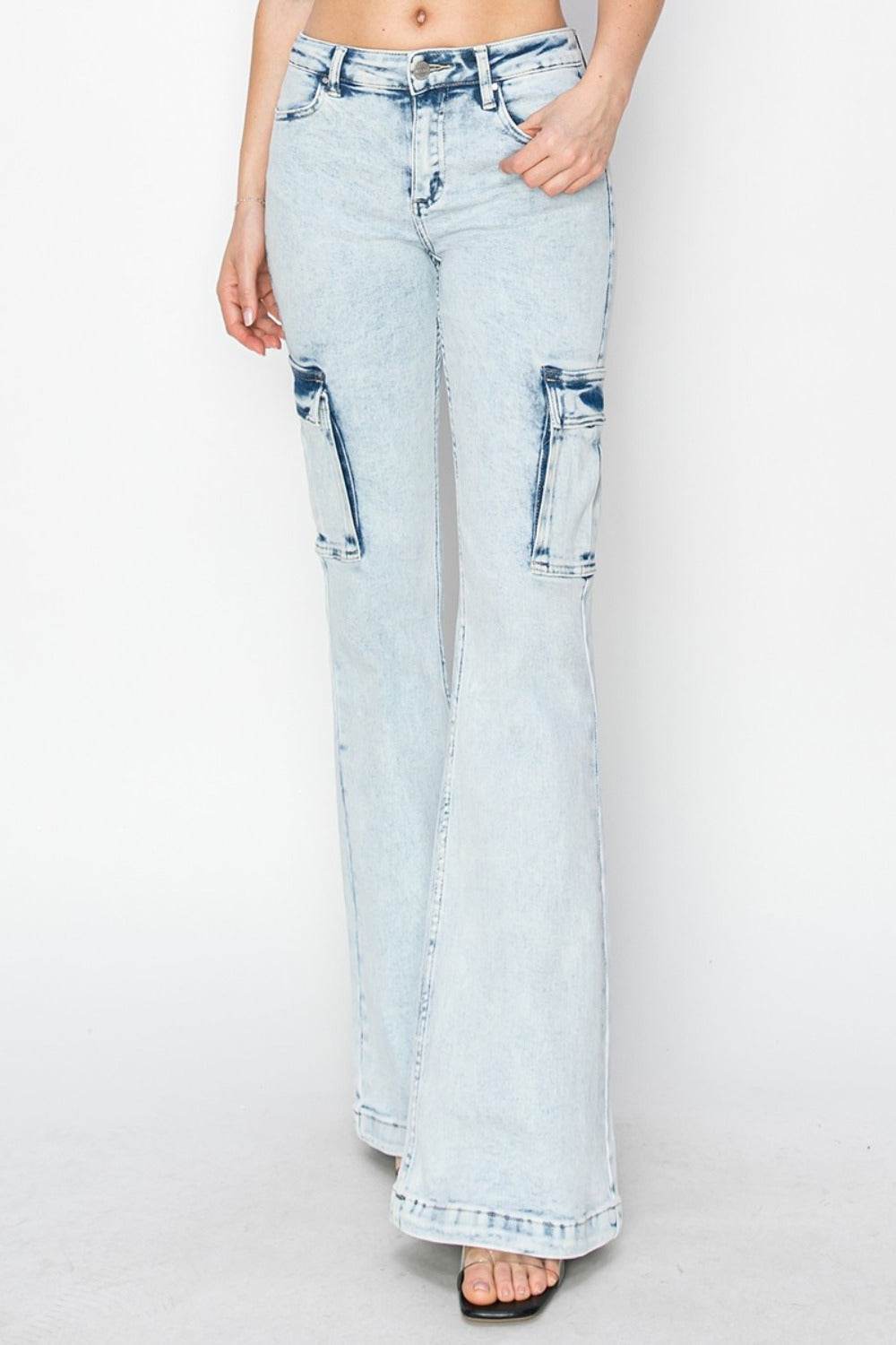 RISEN Full Size High Rise Cargo Flare Jeans - Delanoir