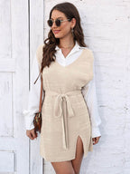 Tie Front V-Neck Sleeveless Slit Sweater Dress - Delanoir