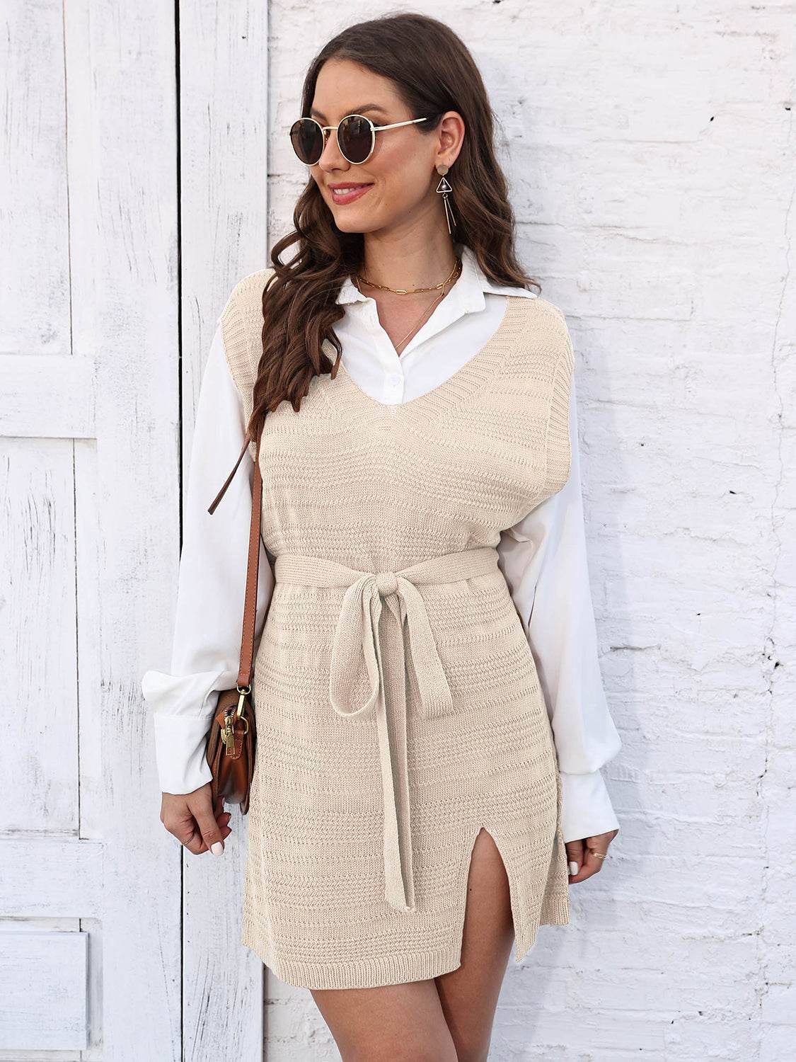 Tie Front V-Neck Sleeveless Slit Sweater Dress - Delanoir