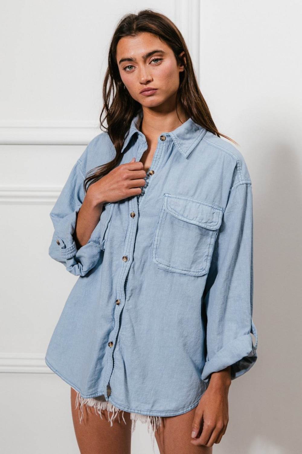 BiBi Button Down Stitch Detail Shirt with Chest Pockets - Delanoir