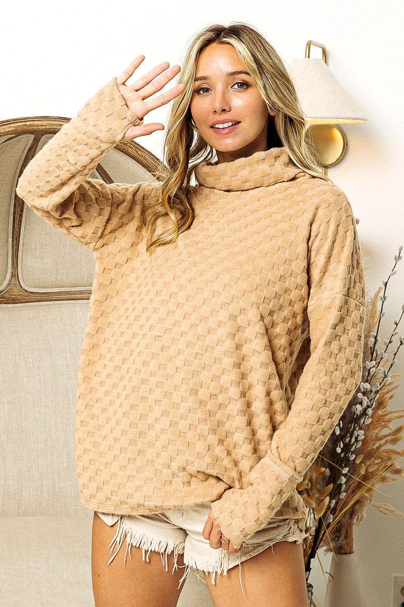 BiBi Checkered Round Neck Thumbhole Long Sleeve Top - Delanoir