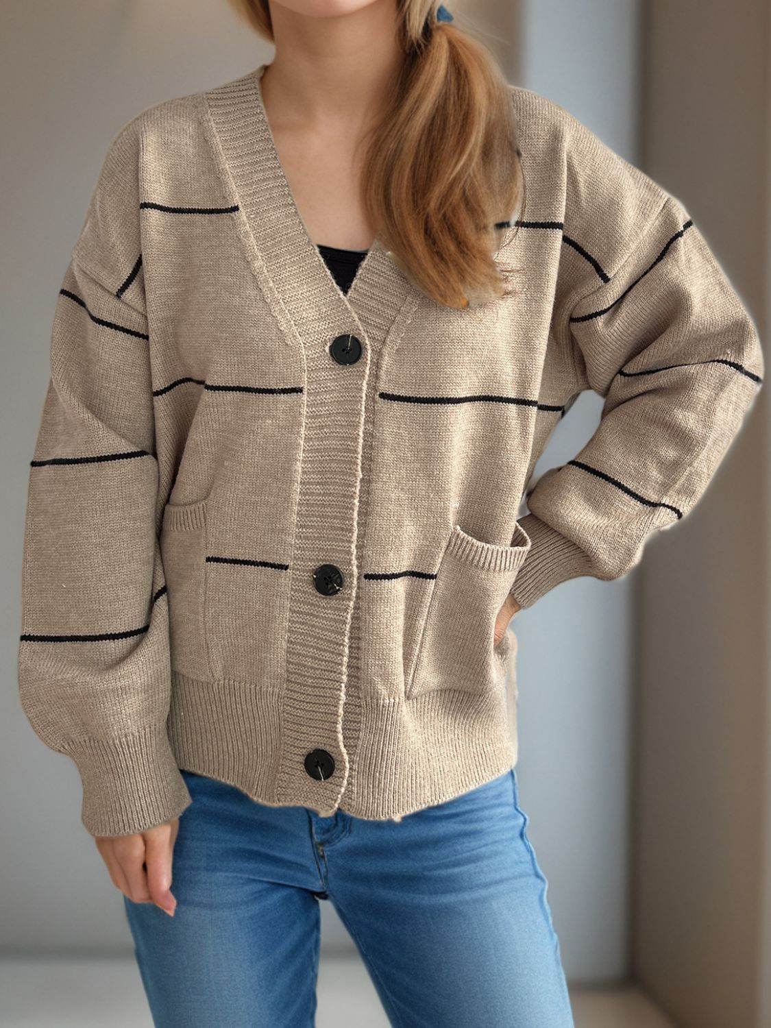Striped Button Down V-Neck Long Sleeve Cardigan - Delanoir