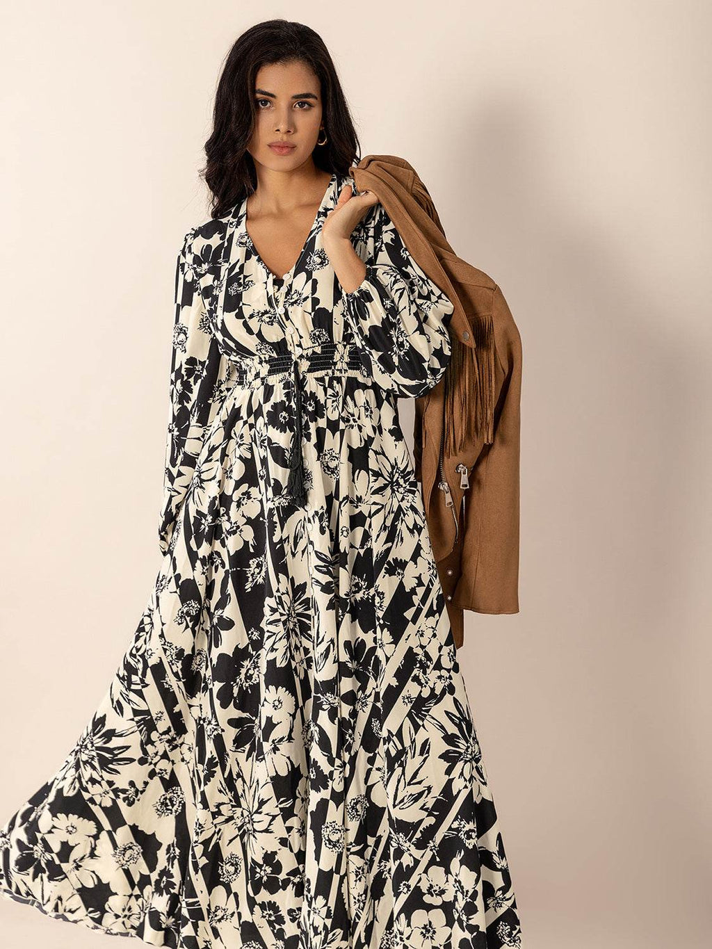 Tied Printed V-Neck Long Sleeve Midi Dress - Delanoir
