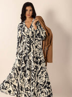 Tied Printed V-Neck Long Sleeve Midi Dress - Delanoir