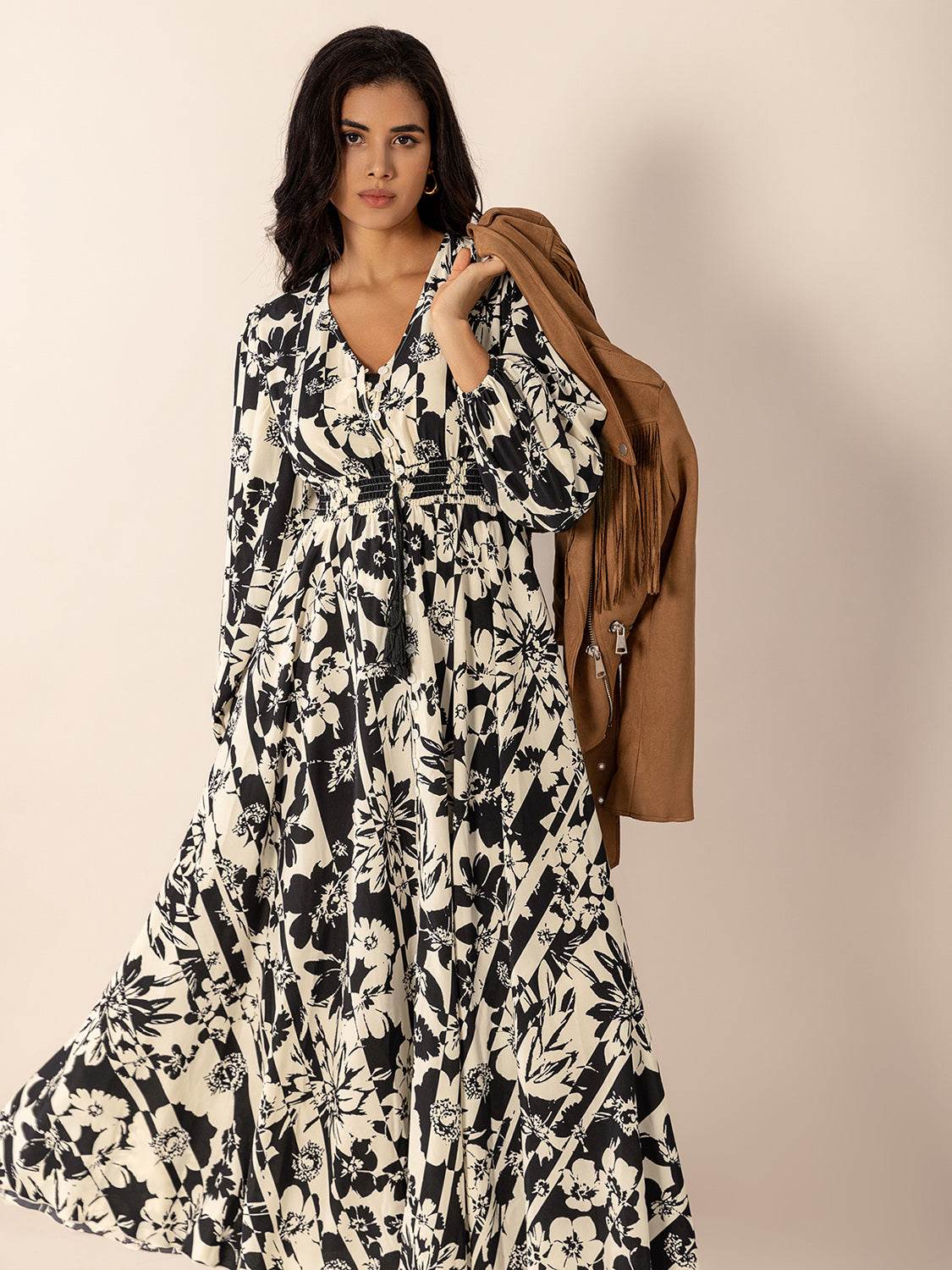 Tied Printed V-Neck Long Sleeve Midi Dress - Delanoir