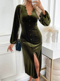 Perfee Slit V-Neck Long Sleeve Midi Dress - Delanoir