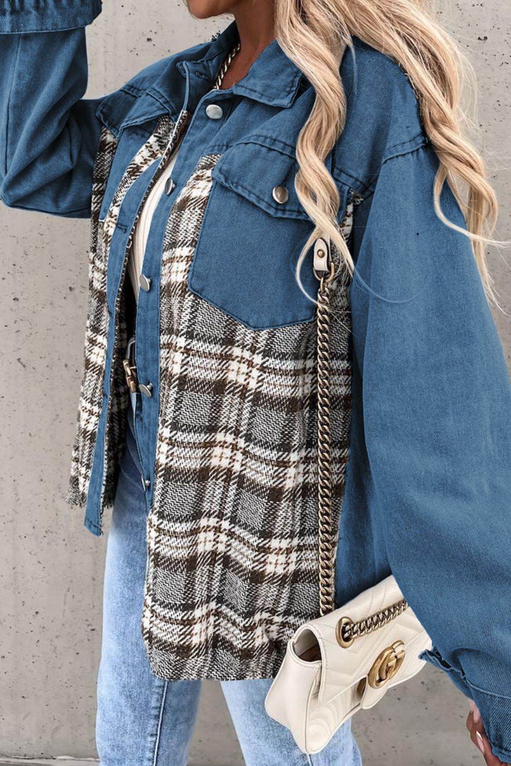 Plaid Pocketed Button Up Denim Jacket - Delanoir