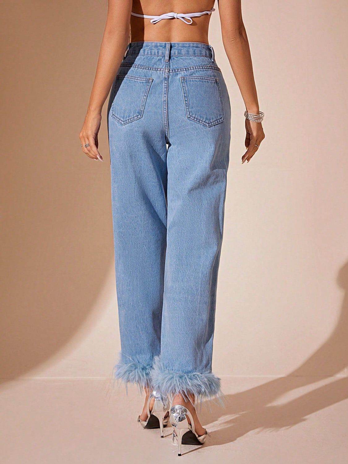 Plush Hem High Rise Straight Jeans - Delanoir