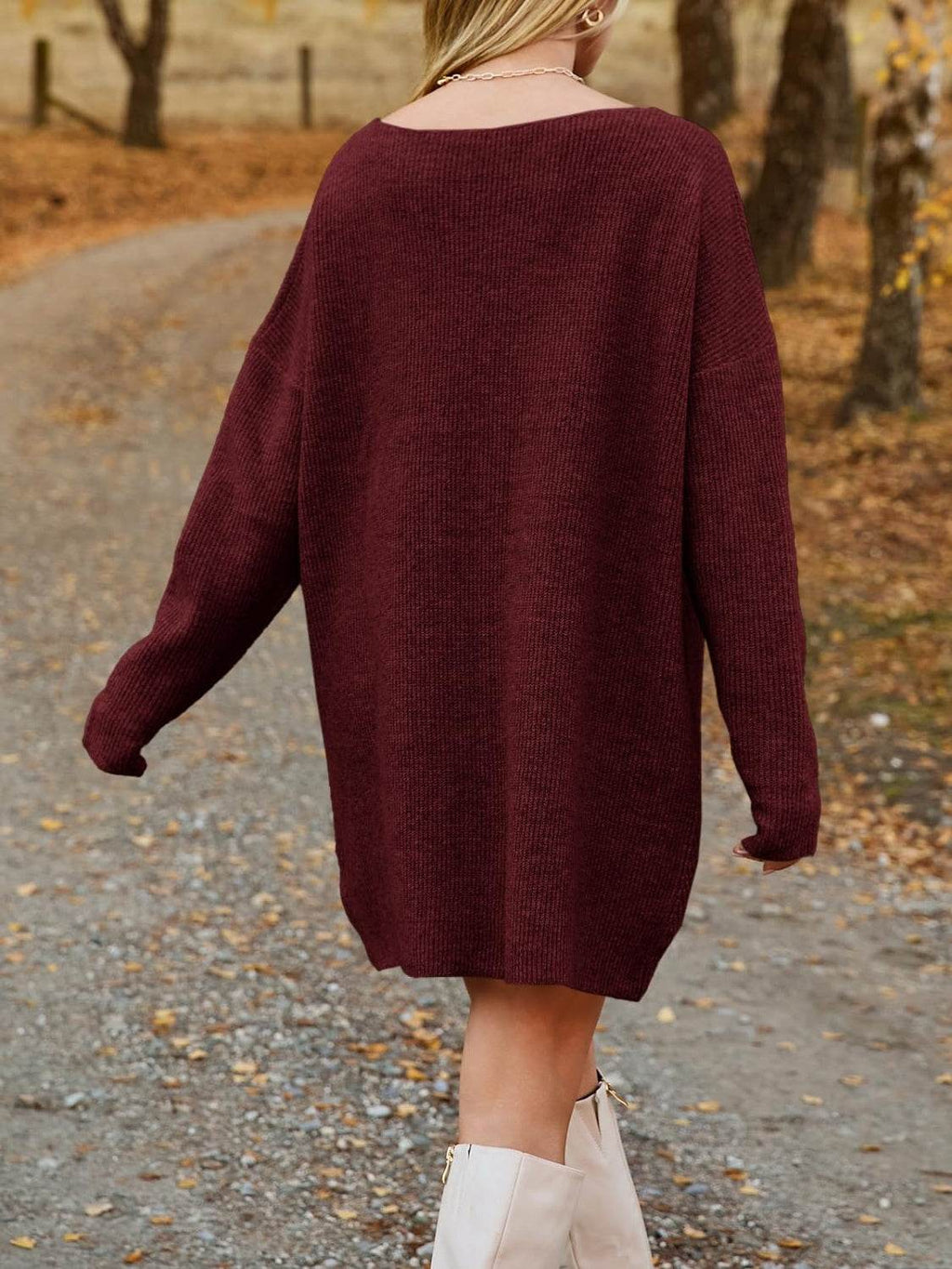 V-Neck Dropped Shoulder Sweater Dress - Delanoir