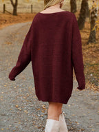 V-Neck Dropped Shoulder Sweater Dress - Delanoir