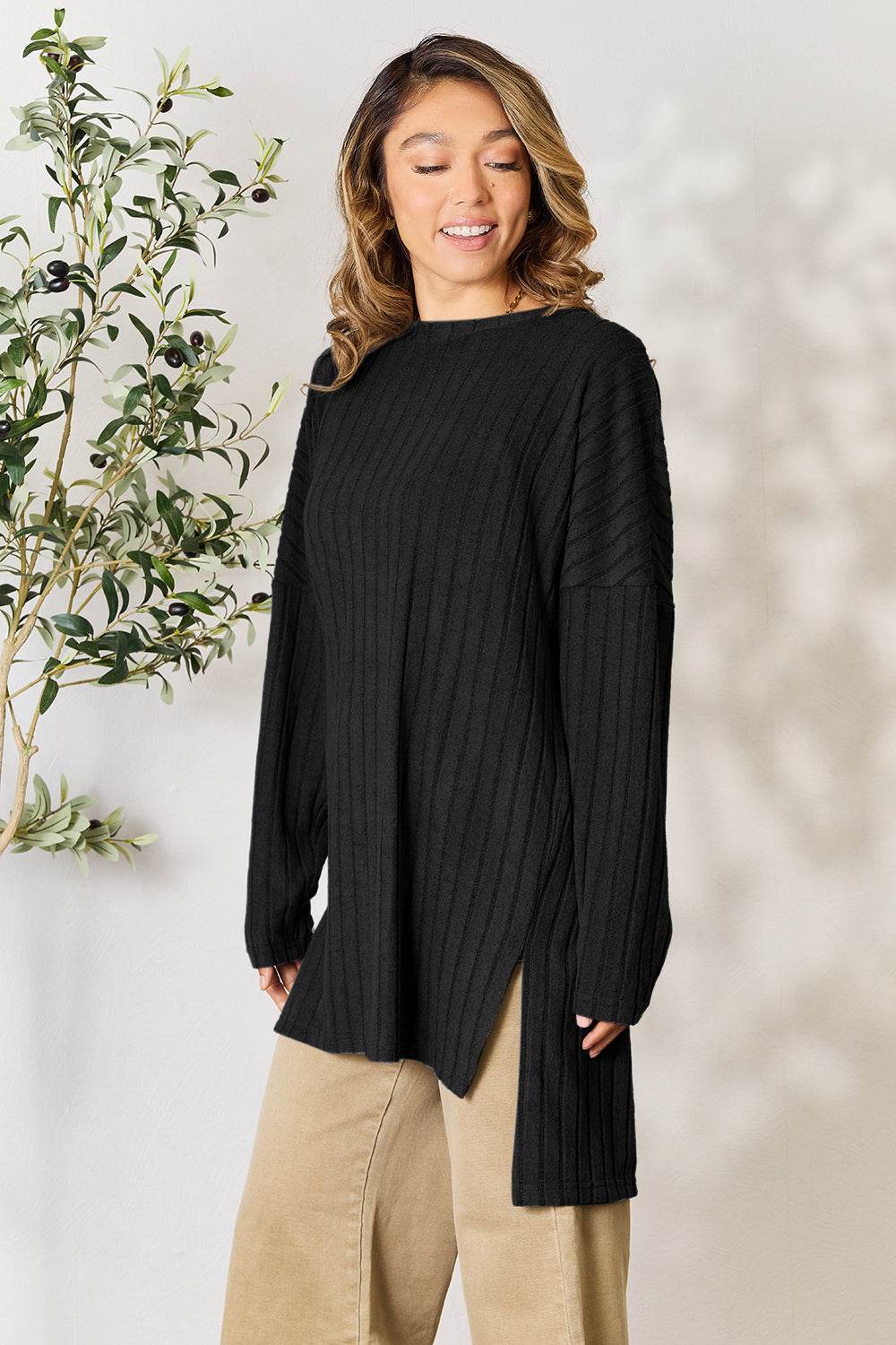 Basic Bae Full Size Ribbed Round Neck Long Sleeve Slit Top - Delanoir