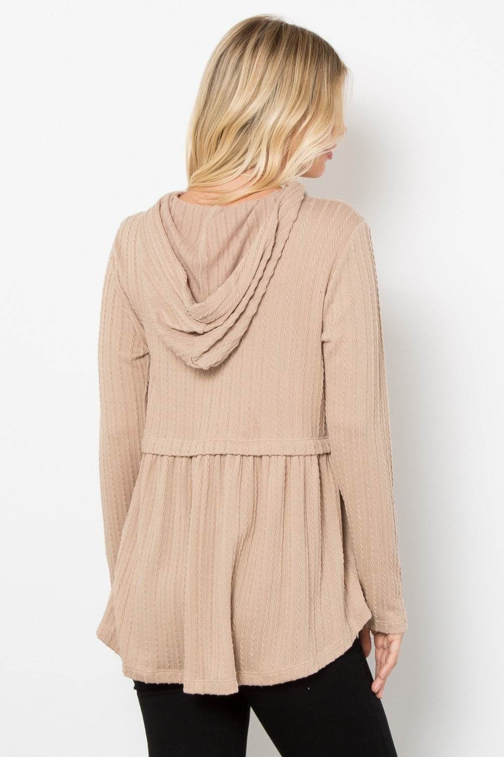 Be Stage Full Size Long Sleeve Peplum Cable Knit Hoodie - Delanoir