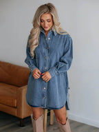 Button Up Collared Neck Long Sleeve Denim Dress - Delanoir