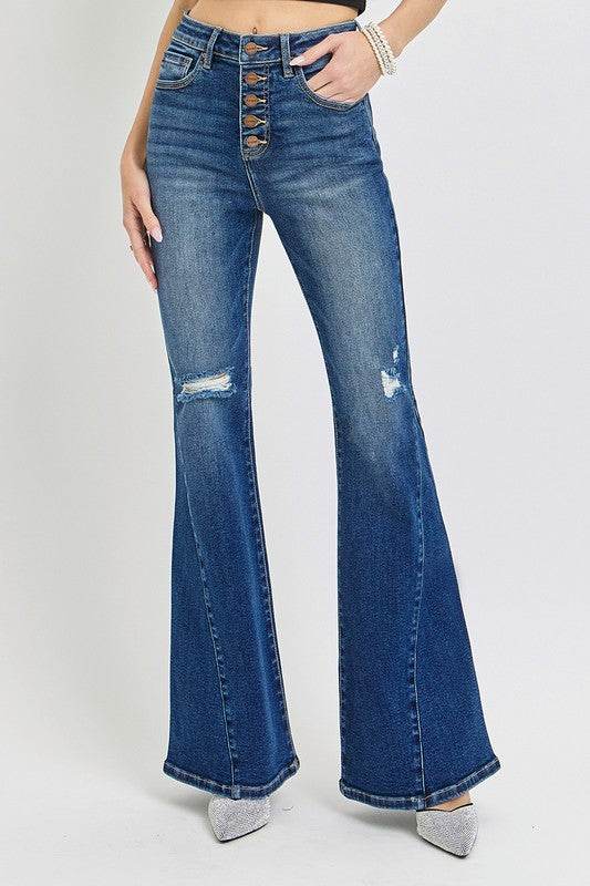 RISEN Distressed Button-Fly Flare Jeans - Delanoir