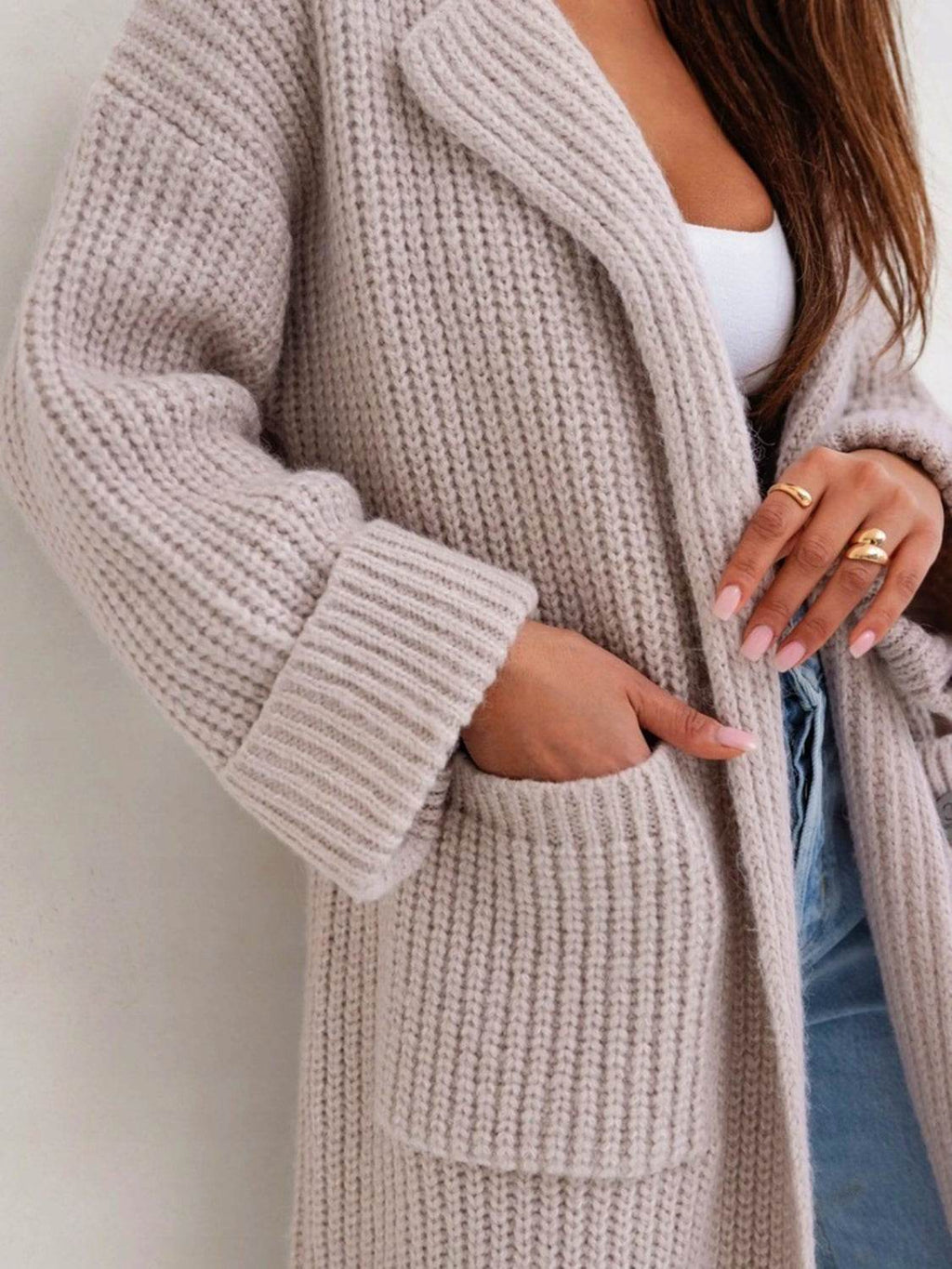 Pocketed Collared Neck Dropped Shoulder Cardigan - Delanoir