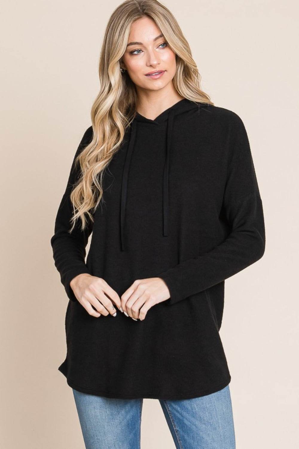 BOMBOM Contrast Drawstring Drop Shoulder Knit Hoodie - Delanoir