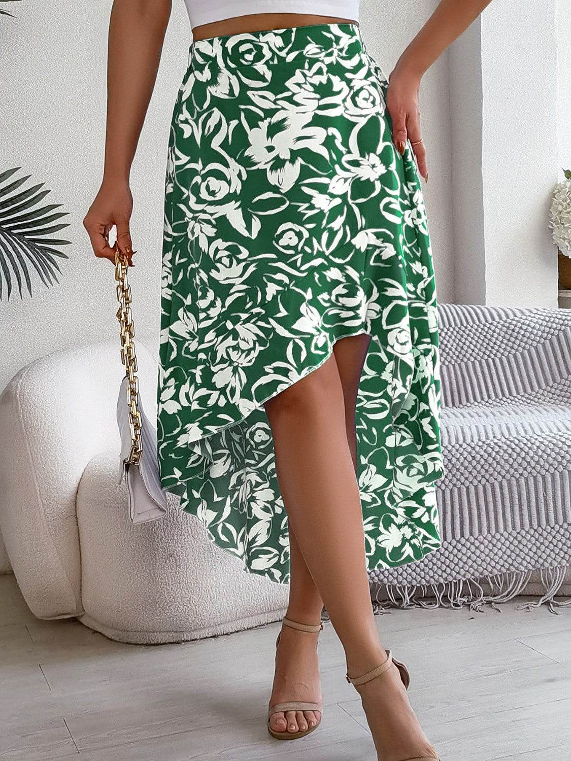 High-Low Printed High Waist Skirt - Delanoir