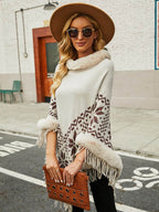 Fringe Geometric Cape Sleeve Poncho - Delanoir