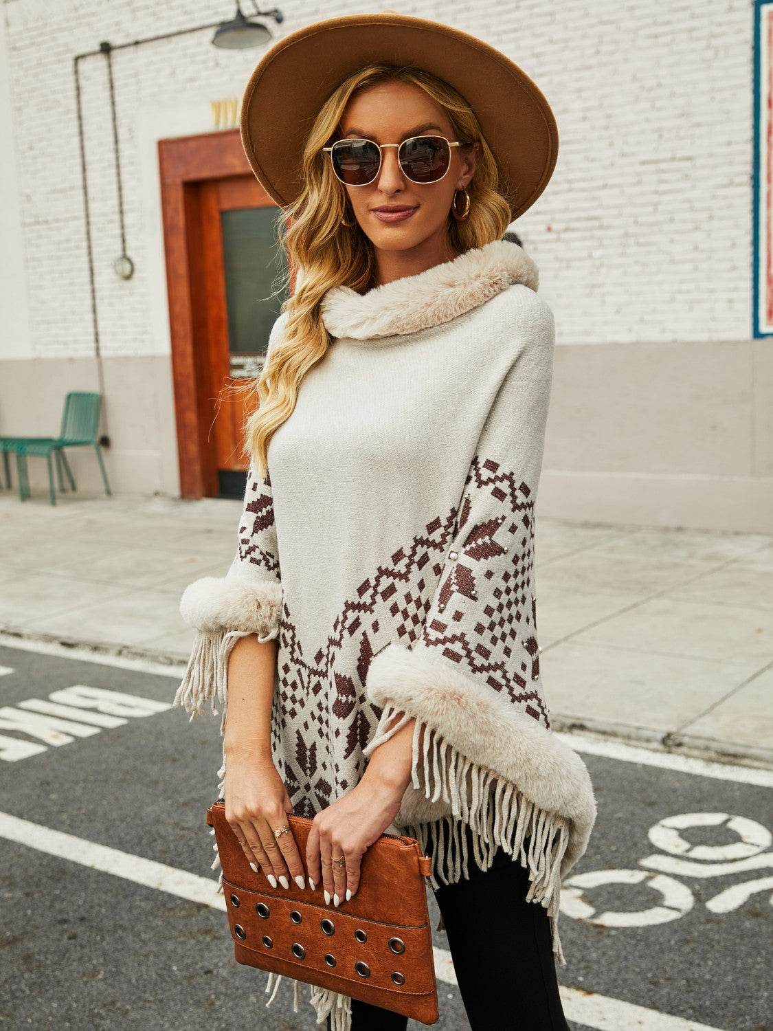 Fringe Geometric Cape Sleeve Poncho - Delanoir
