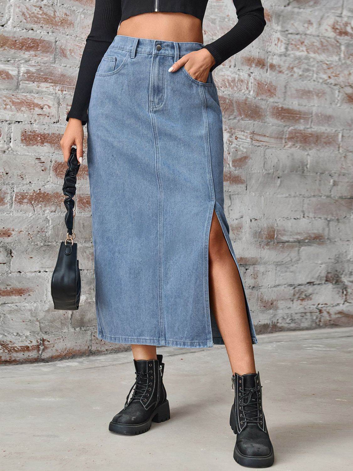 Slit High Waist Denim Skirt with Pockets - Delanoir