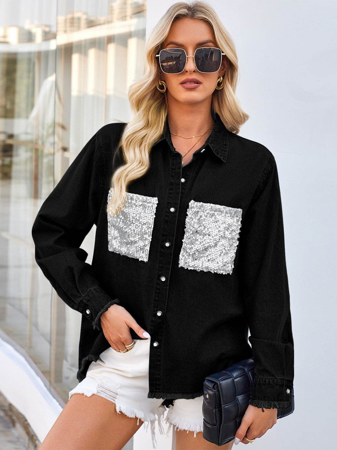 Raw Hem Button Up Long Sleeve Denim Jacket with Sequin Pockets - Delanoir
