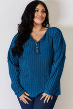 Basic Bae Full Size Ribbed Half Button Long Sleeve T-Shirt - Delanoir