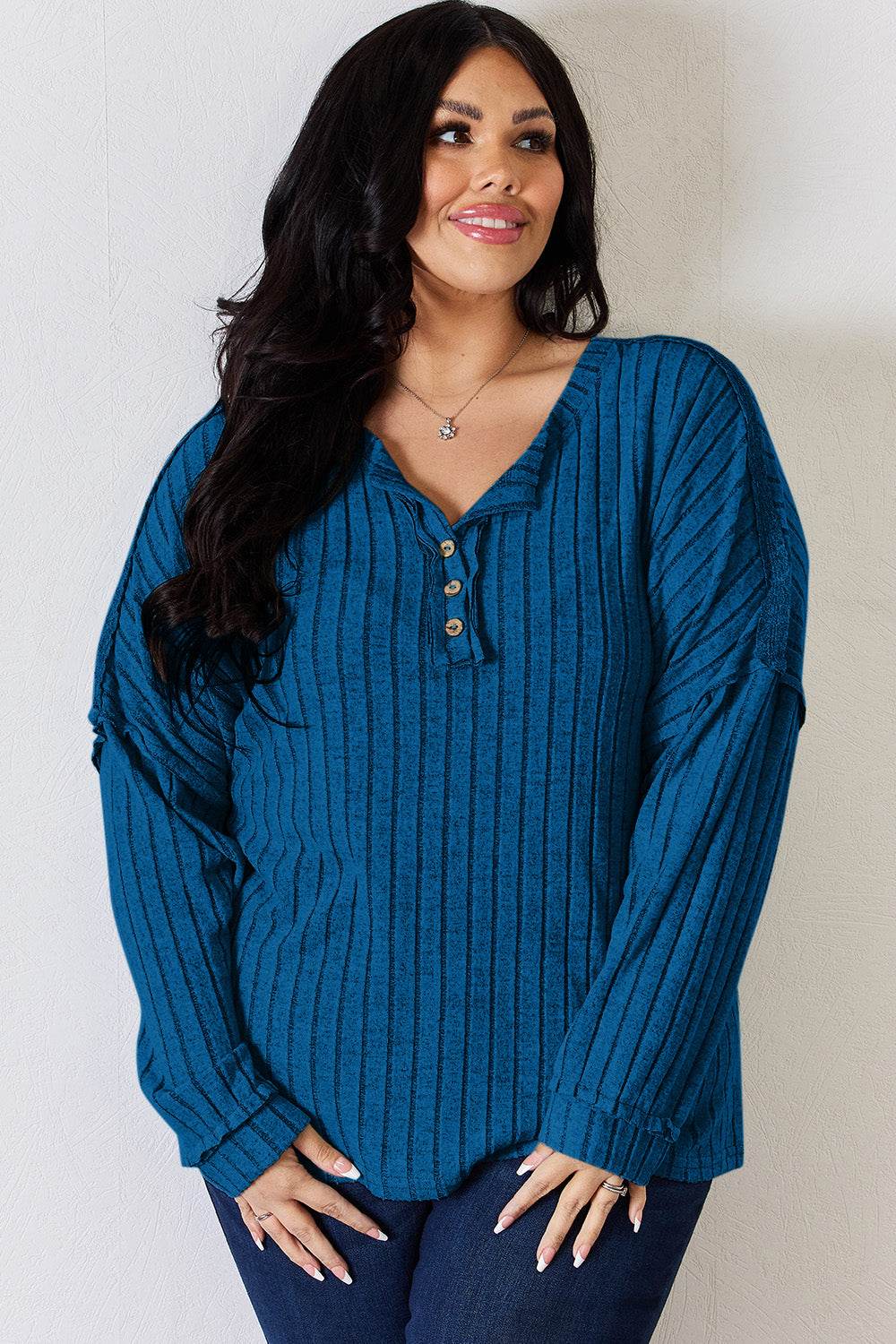 Basic Bae Full Size Ribbed Half Button Long Sleeve T-Shirt - Delanoir