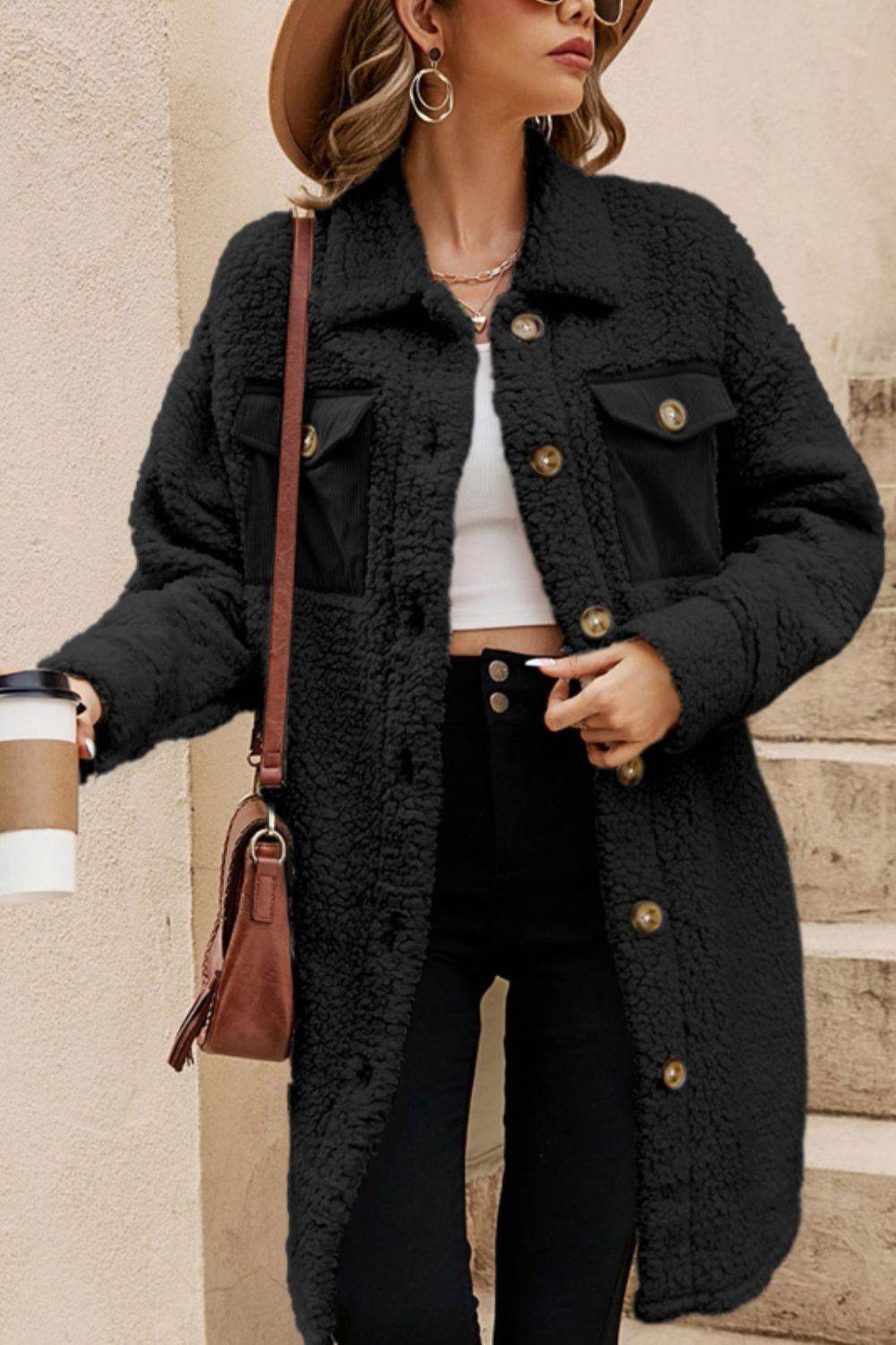 Collared Neck Long Sleeve Longline Teddy Jacket - Delanoir