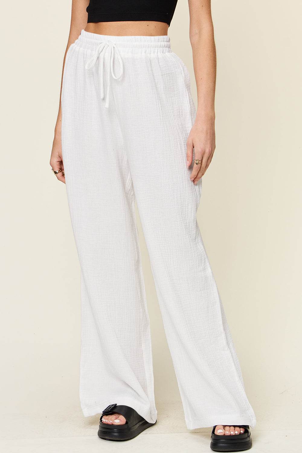 Double Take Full Size Texture Drawstring Wide Leg Pants - Delanoir