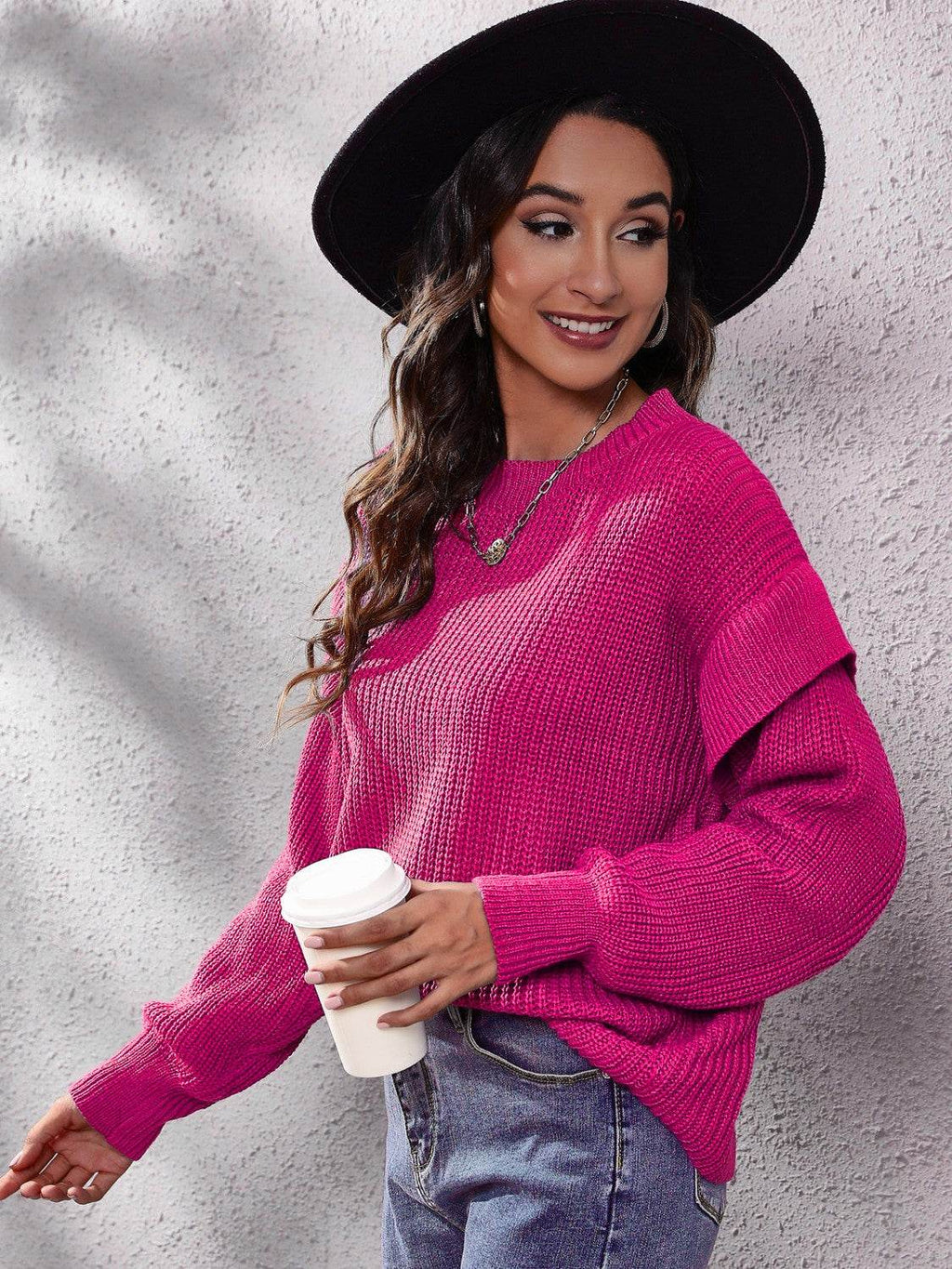 Ruffled Round Neck Dropped Shoulder Sweater - Delanoir