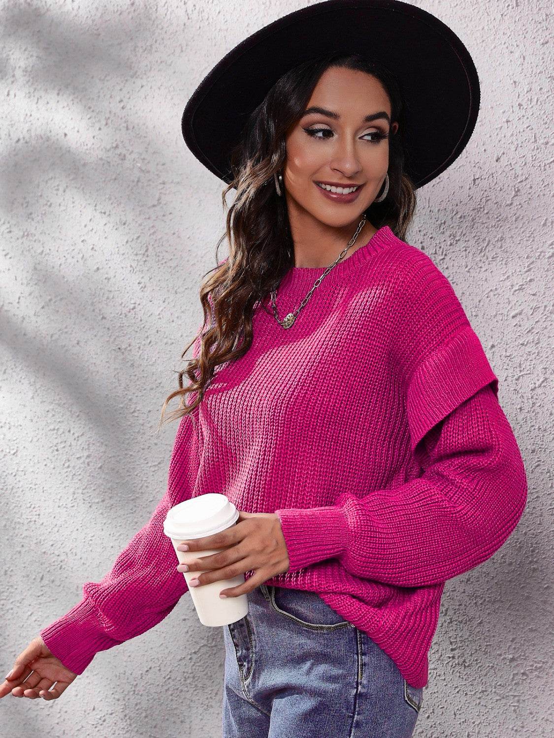 Ruffled Round Neck Dropped Shoulder Sweater - Delanoir